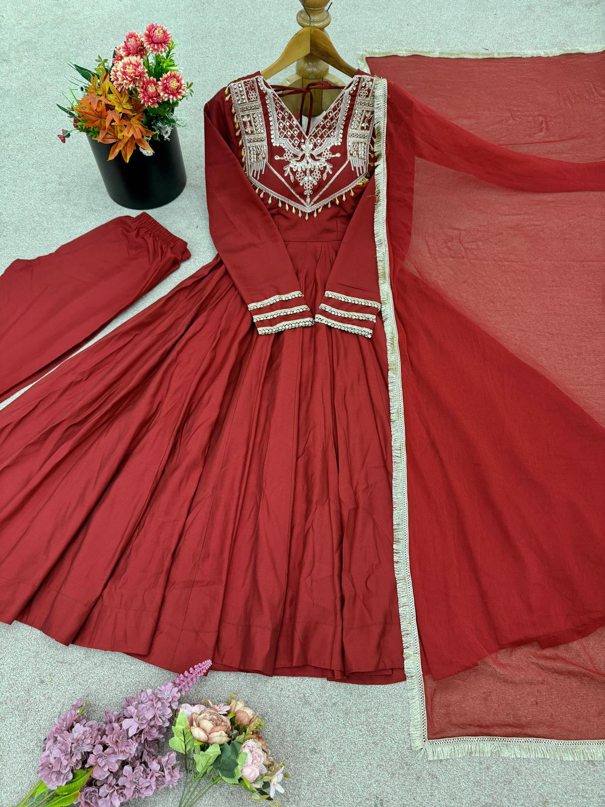 Celebrate Every Special Moment in Style with this Royal Red Ensemble Embellished with Golden Embroidery