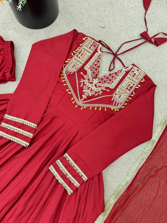 Celebrate Every Special Moment in Style with this Royal Red Ensemble Embellished with Golden Embroidery