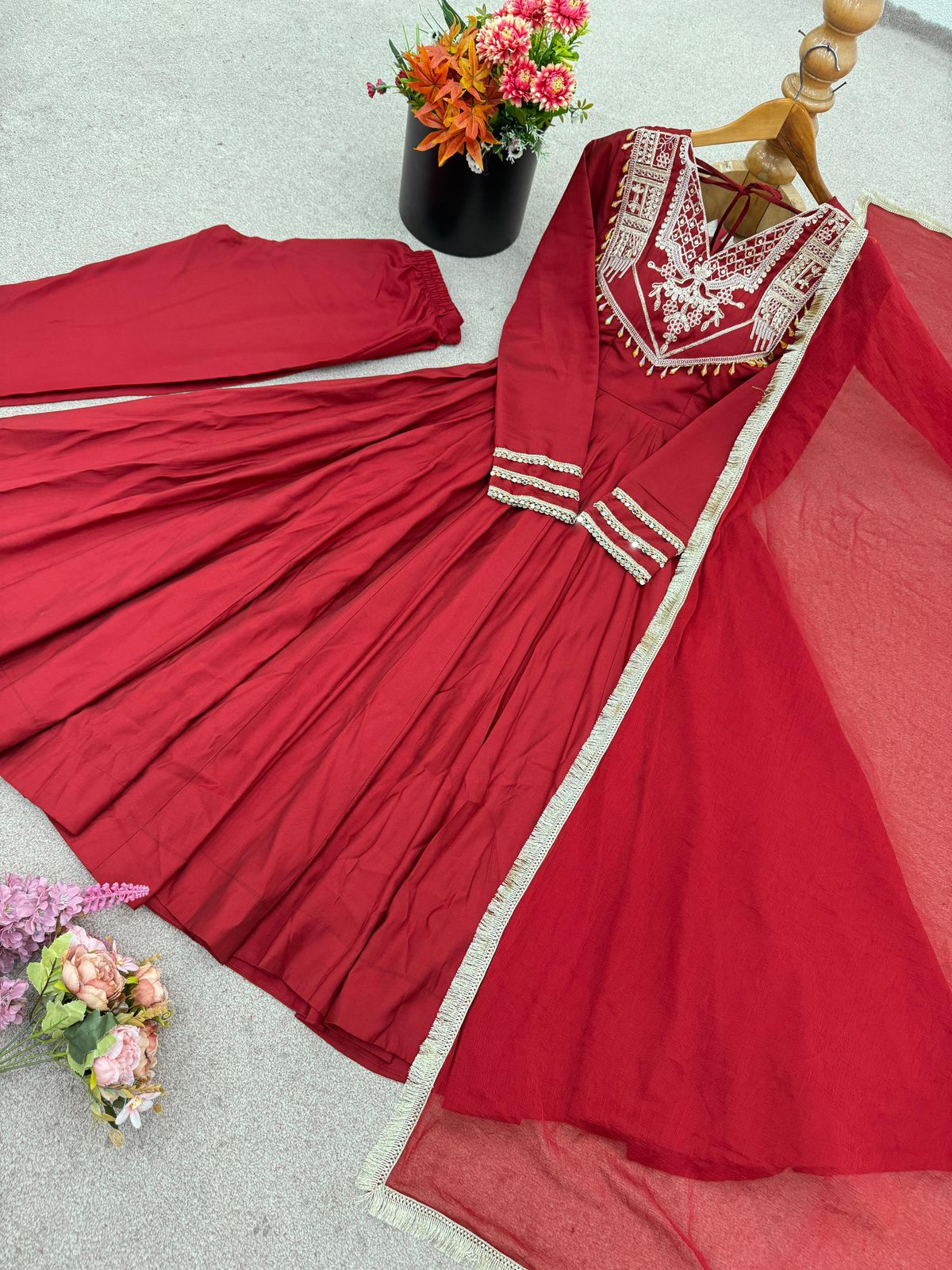 Celebrate Every Special Moment in Style with this Royal Red Ensemble Embellished with Golden Embroidery