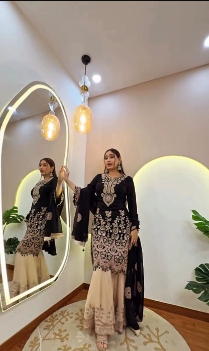 DESIGNER WEAR KURTA SARARA PAIR WITH DUPATTA IN SEQUENCE EMBROIDERY WORK