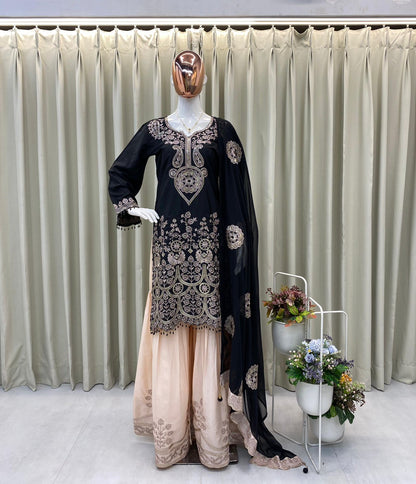 DESIGNER WEAR KURTA SARARA PAIR WITH DUPATTA IN SEQUENCE EMBROIDERY WORK