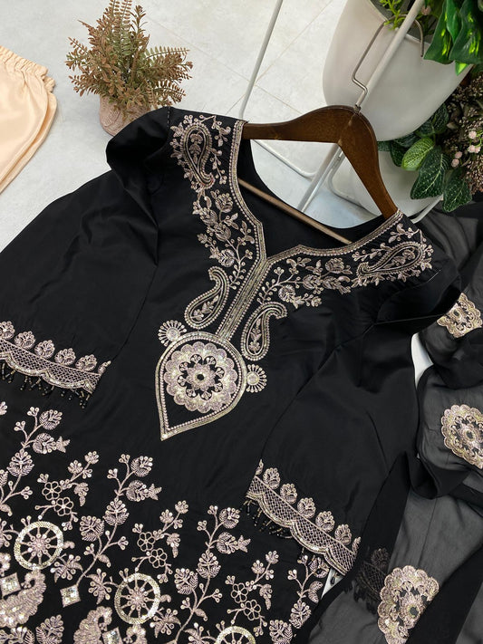 DESIGNER WEAR KURTA SARARA PAIR WITH DUPATTA IN SEQUENCE EMBROIDERY WORK