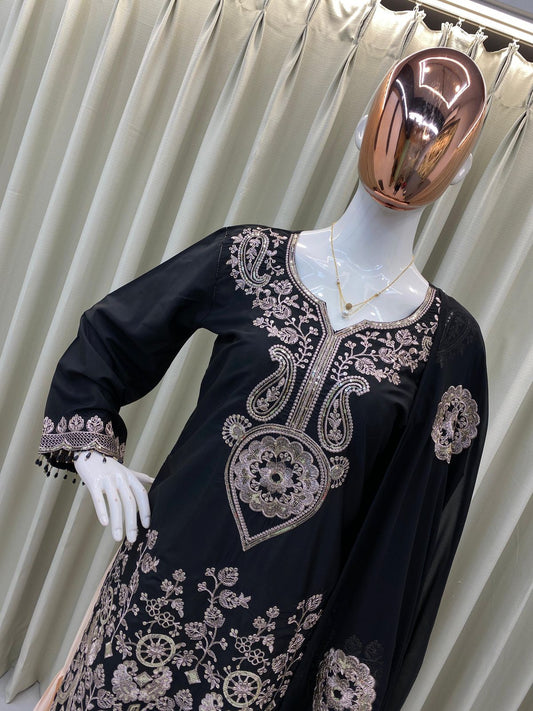 DESIGNER WEAR KURTA SARARA PAIR WITH DUPATTA IN SEQUENCE EMBROIDERY WORK