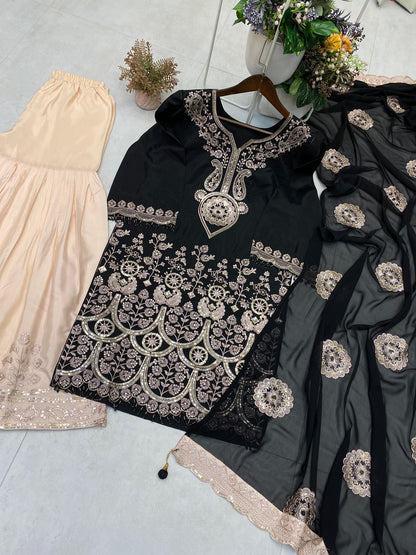 DESIGNER WEAR KURTA SARARA PAIR WITH DUPATTA IN SEQUENCE EMBROIDERY WORK