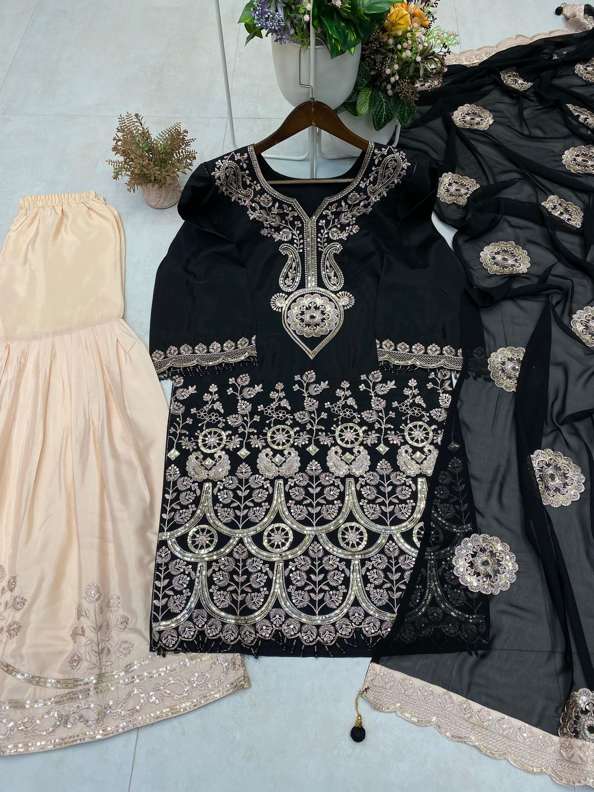 DESIGNER WEAR KURTA SARARA PAIR WITH DUPATTA IN SEQUENCE EMBROIDERY WORK
