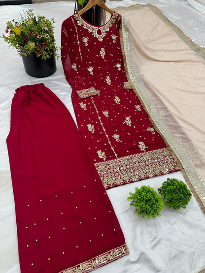 New Designer Party Wear Look Top-Plazzo and Dupatta With Heavy Embroidery Work