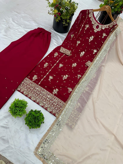 New Designer Party Wear Look Top-Plazzo and Dupatta With Heavy Embroidery Work