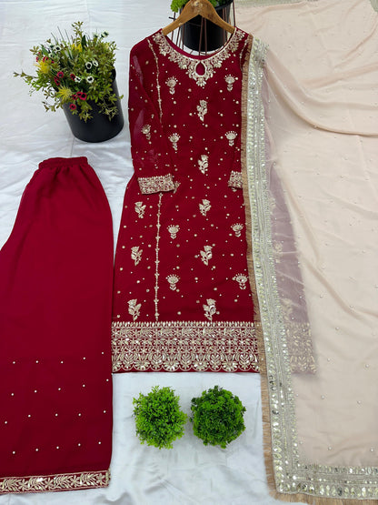 New Designer Party Wear Look Top-Plazzo and Dupatta With Heavy Embroidery Work