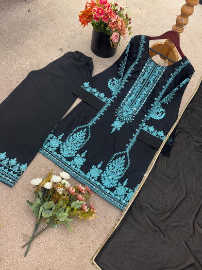 Designer Party Wear Look Top-Pent and Dupatta With Heavy Embroidery Work