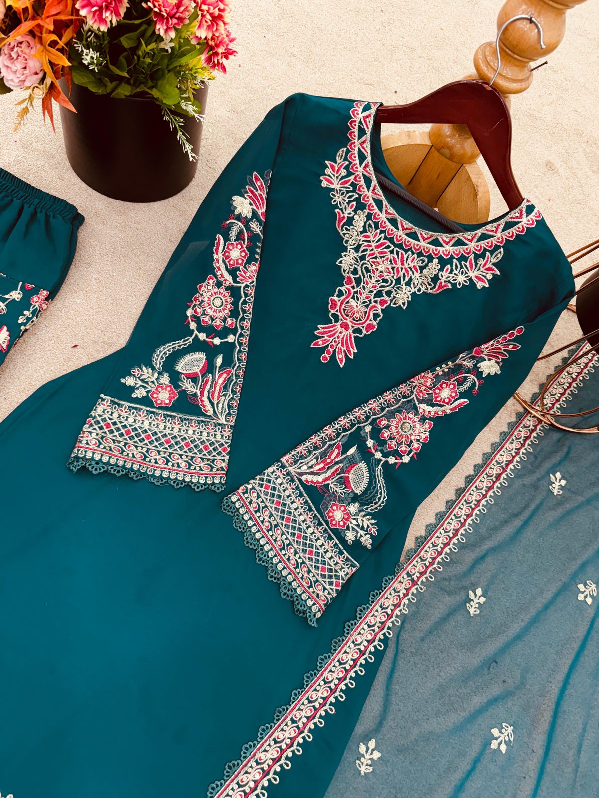 Collection In Pure Faux Georgette Top-Dhoti And Dupatta Set Fully Stitched Ready To Wear 🔥