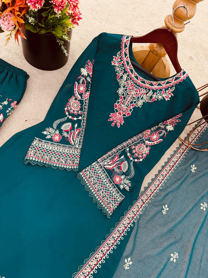 Collection In Pure Faux Georgette Top-Dhoti And Dupatta Set Fully Stitched Ready To Wear 🔥