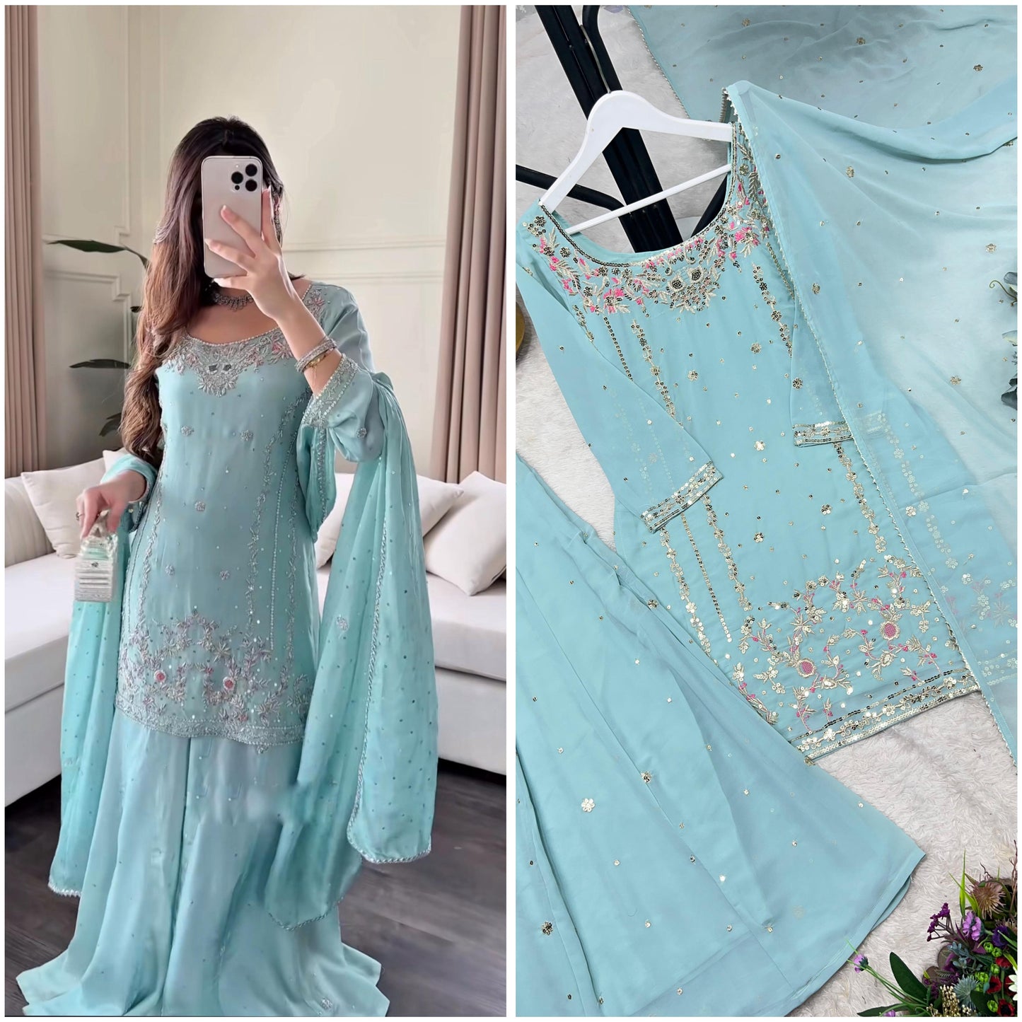 3 piece stylish kurti, plazaa and dupatta with beautiful embroidery sequence work