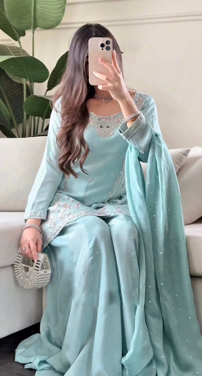 3 PIECE STYLISH KURTI, PLAZAA AND DUPATTA WITH BEAUTIFUL EMBROIDERY SEQUENCE WORK