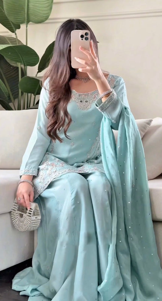 3 PIECE STYLISH KURTI, PLAZAA AND DUPATTA WITH BEAUTIFUL EMBROIDERY SEQUENCE WORK