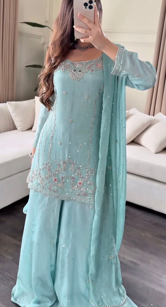 3 PIECE STYLISH KURTI, PLAZAA AND DUPATTA WITH BEAUTIFUL EMBROIDERY SEQUENCE WORK