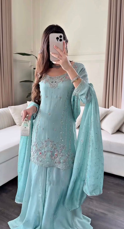 3 PIECE STYLISH KURTI, PLAZAA AND DUPATTA WITH BEAUTIFUL EMBROIDERY SEQUENCE WORK