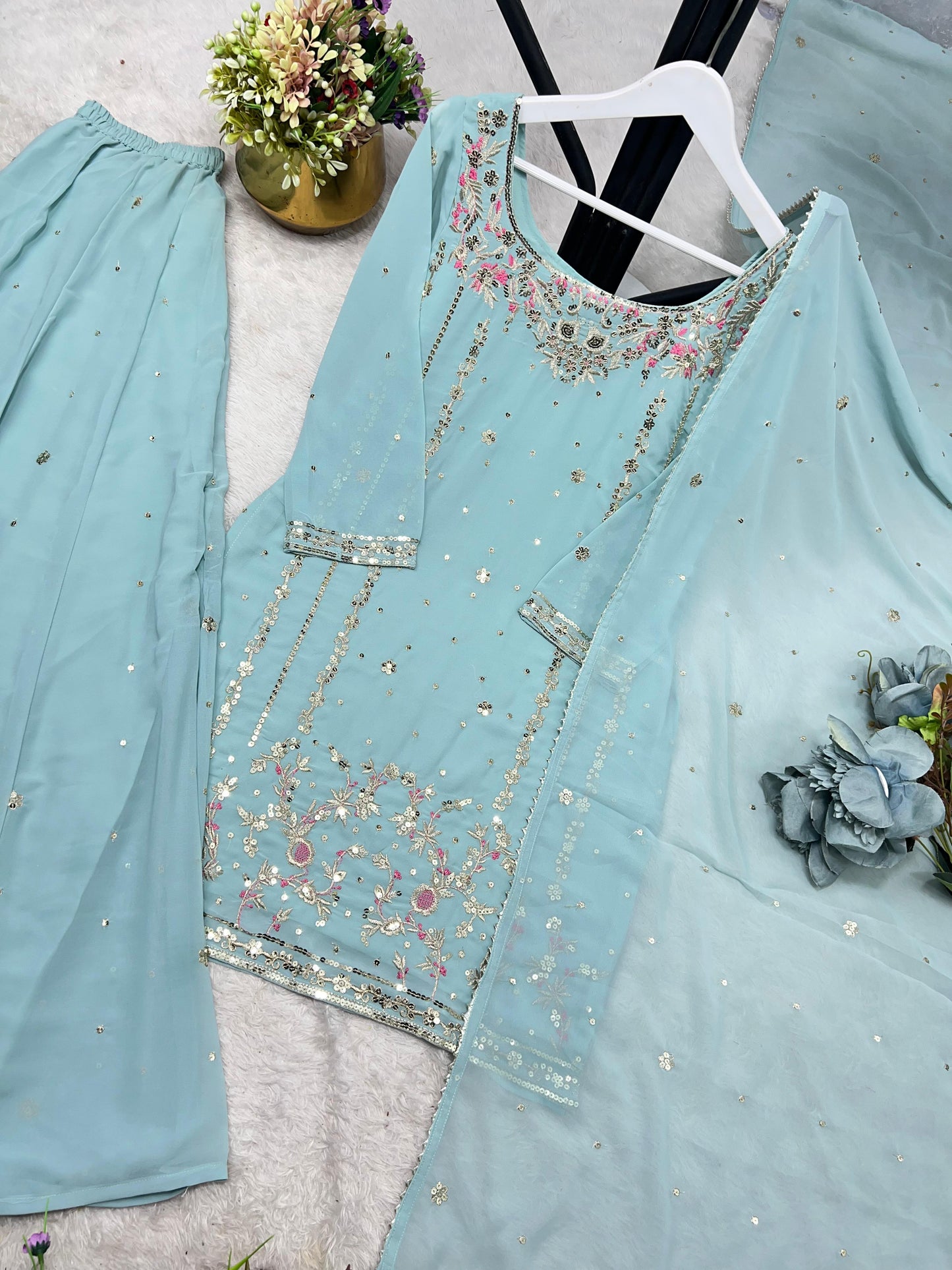 3 piece stylish kurti, plazaa and dupatta with beautiful embroidery sequence work