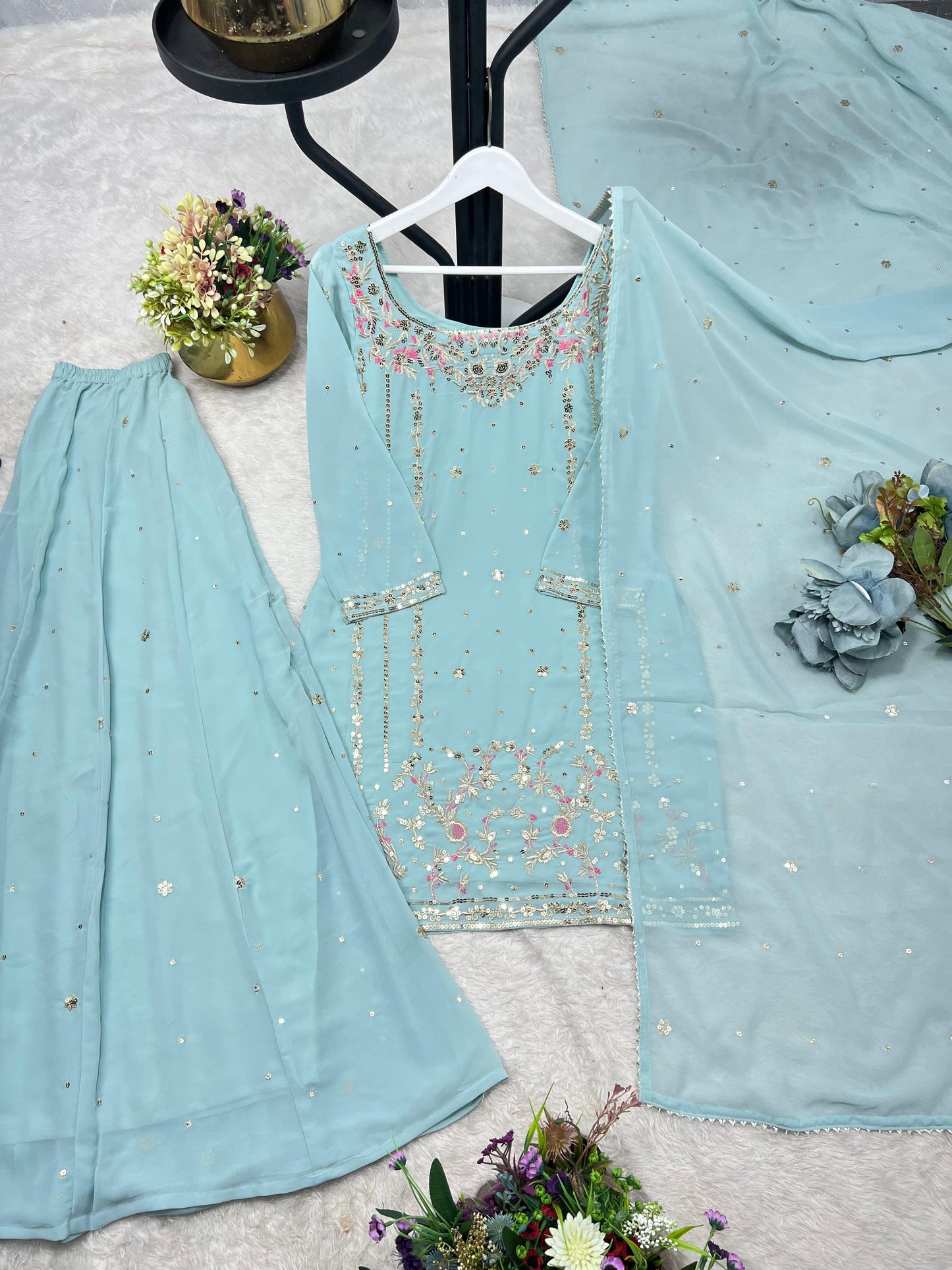 3 piece stylish kurti, plazaa and dupatta with beautiful embroidery sequence work