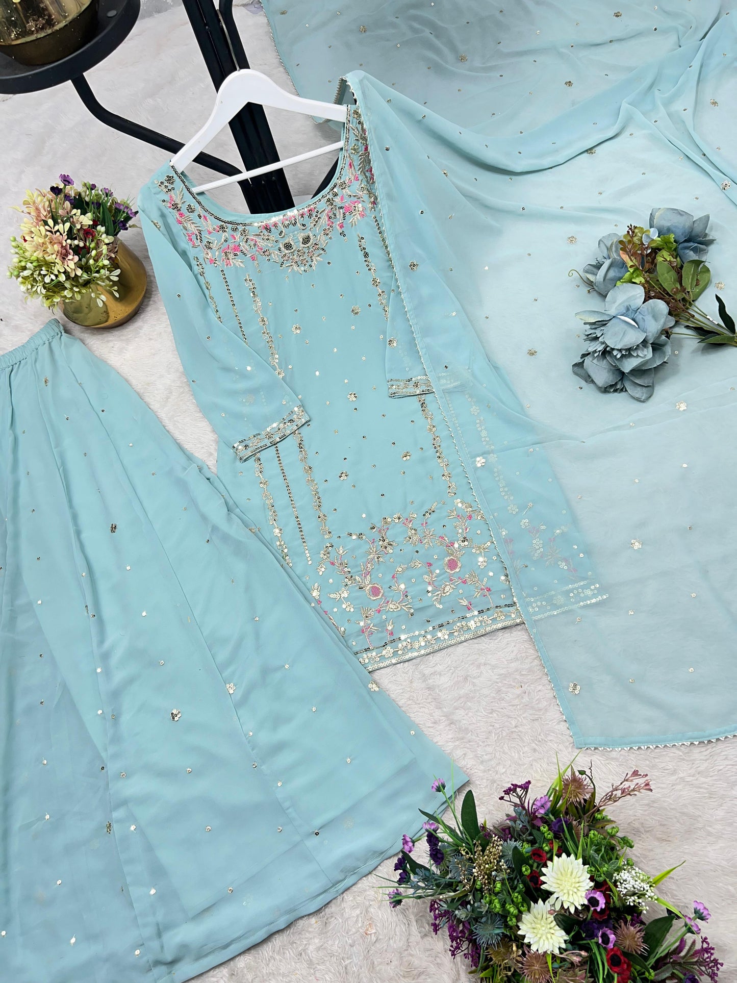 3 piece stylish kurti, plazaa and dupatta with beautiful embroidery sequence work