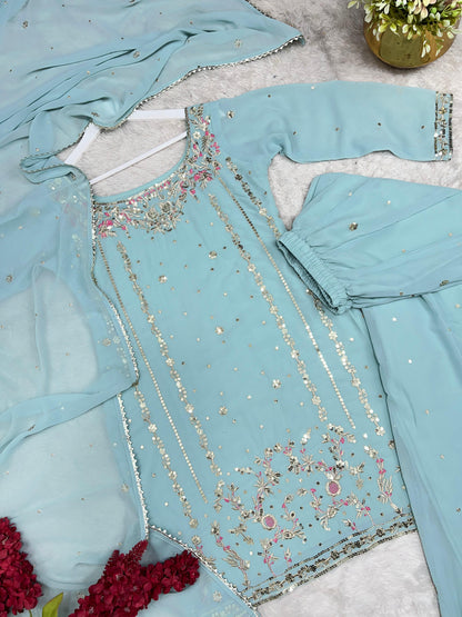 3 PIECE STYLISH KURTI, PLAZAA AND DUPATTA WITH BEAUTIFUL EMBROIDERY SEQUENCE WORK