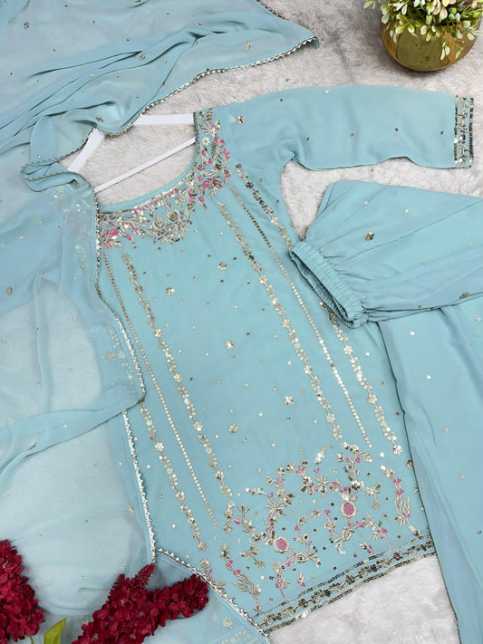 3 PIECE STYLISH KURTI, PLAZAA AND DUPATTA WITH BEAUTIFUL EMBROIDERY SEQUENCE WORK