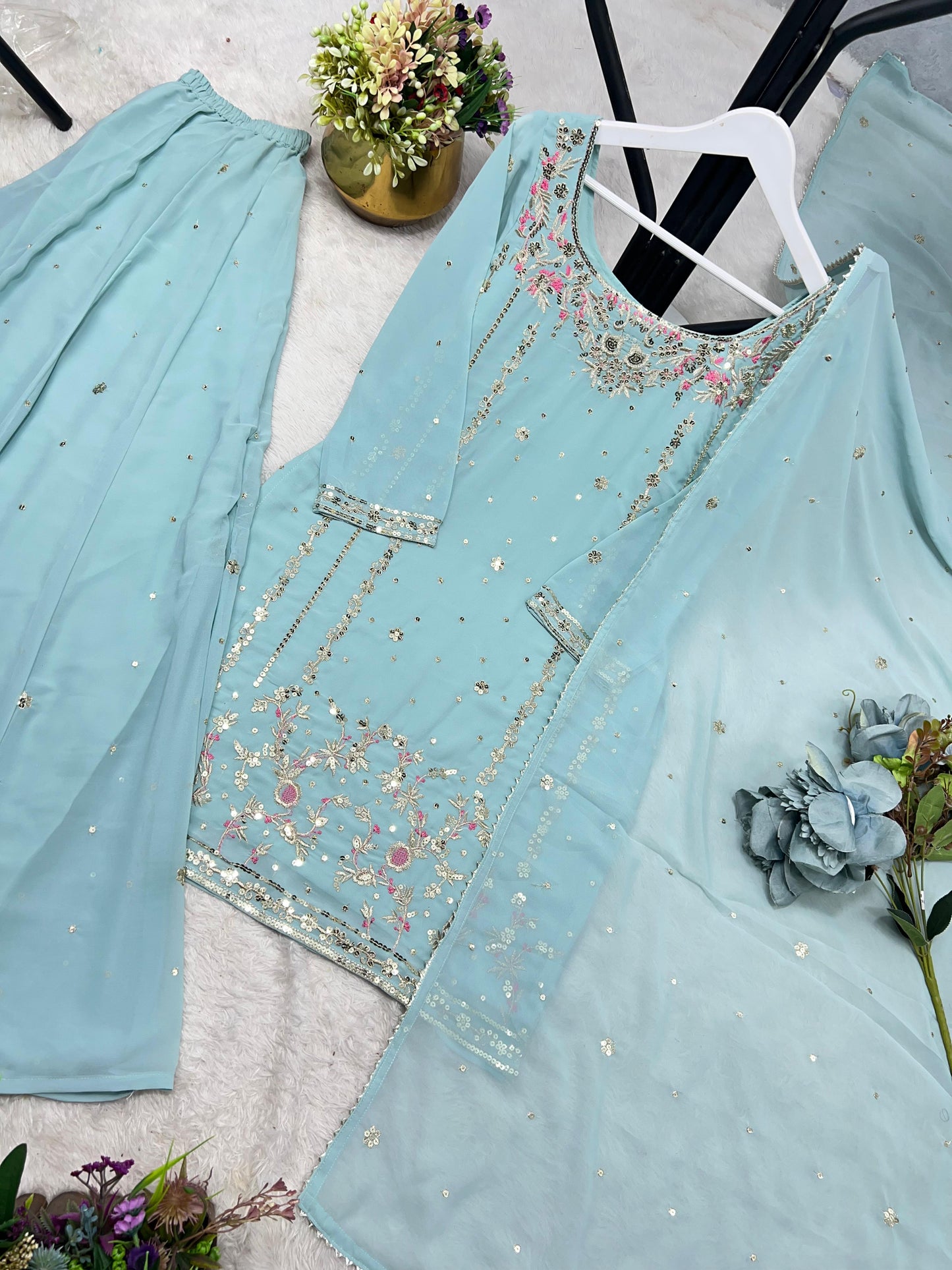 3 piece stylish kurti, plazaa and dupatta with beautiful embroidery sequence work