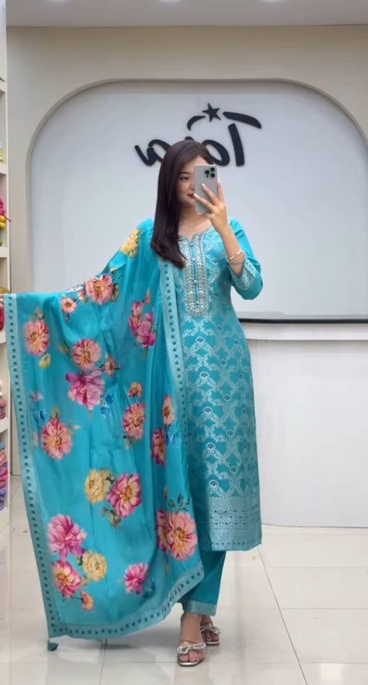 Premium Chanderi Kurti Pant Dupatta Set