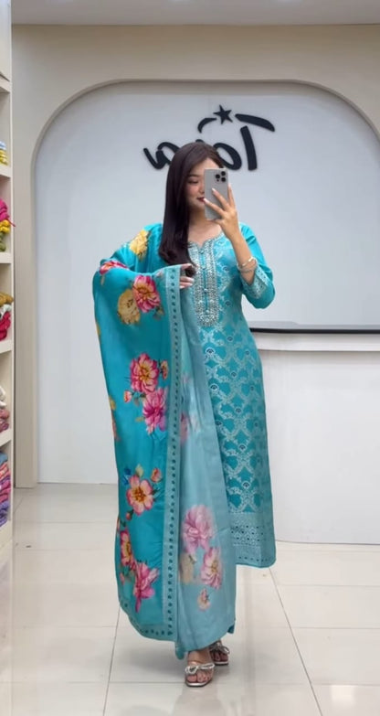 Premium Chanderi Kurti Pant Dupatta Set