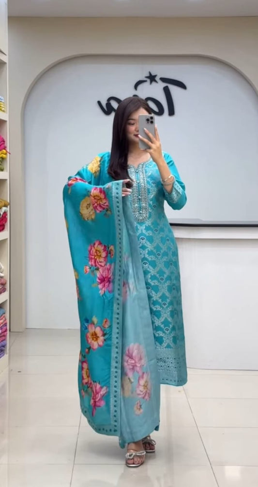 Premium Chanderi Kurti Pant Dupatta Set