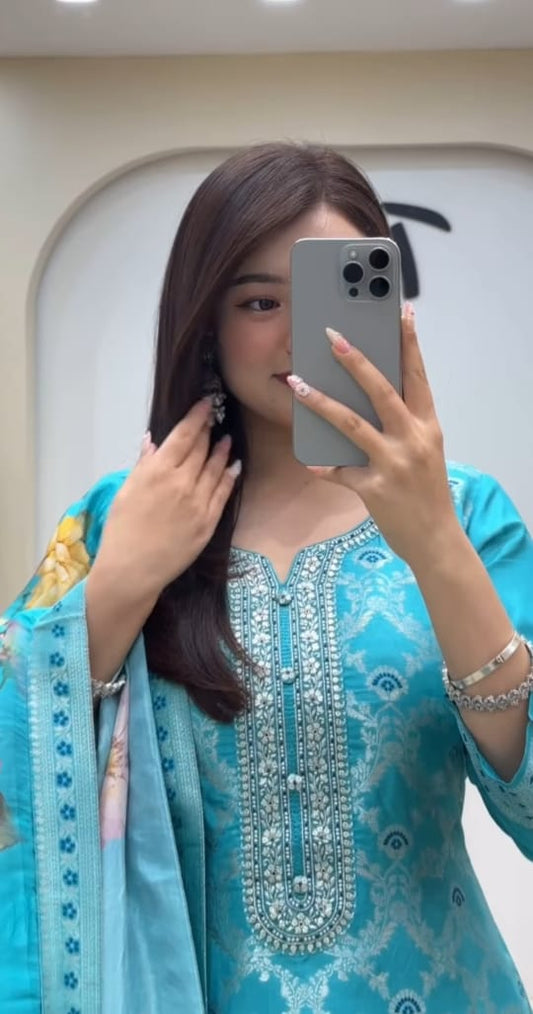 Premium Chanderi Kurti Pant Dupatta Set