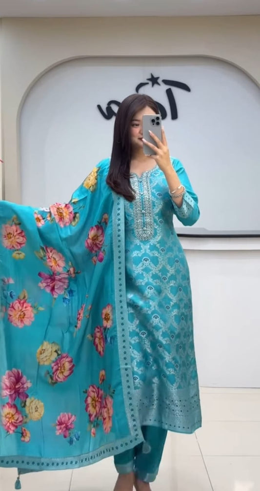 Premium Chanderi Kurti Pant Dupatta Set