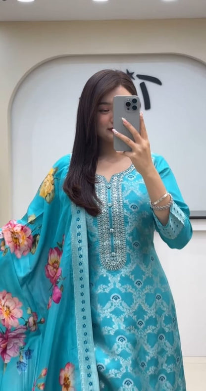 Premium Chanderi Kurti Pant Dupatta Set