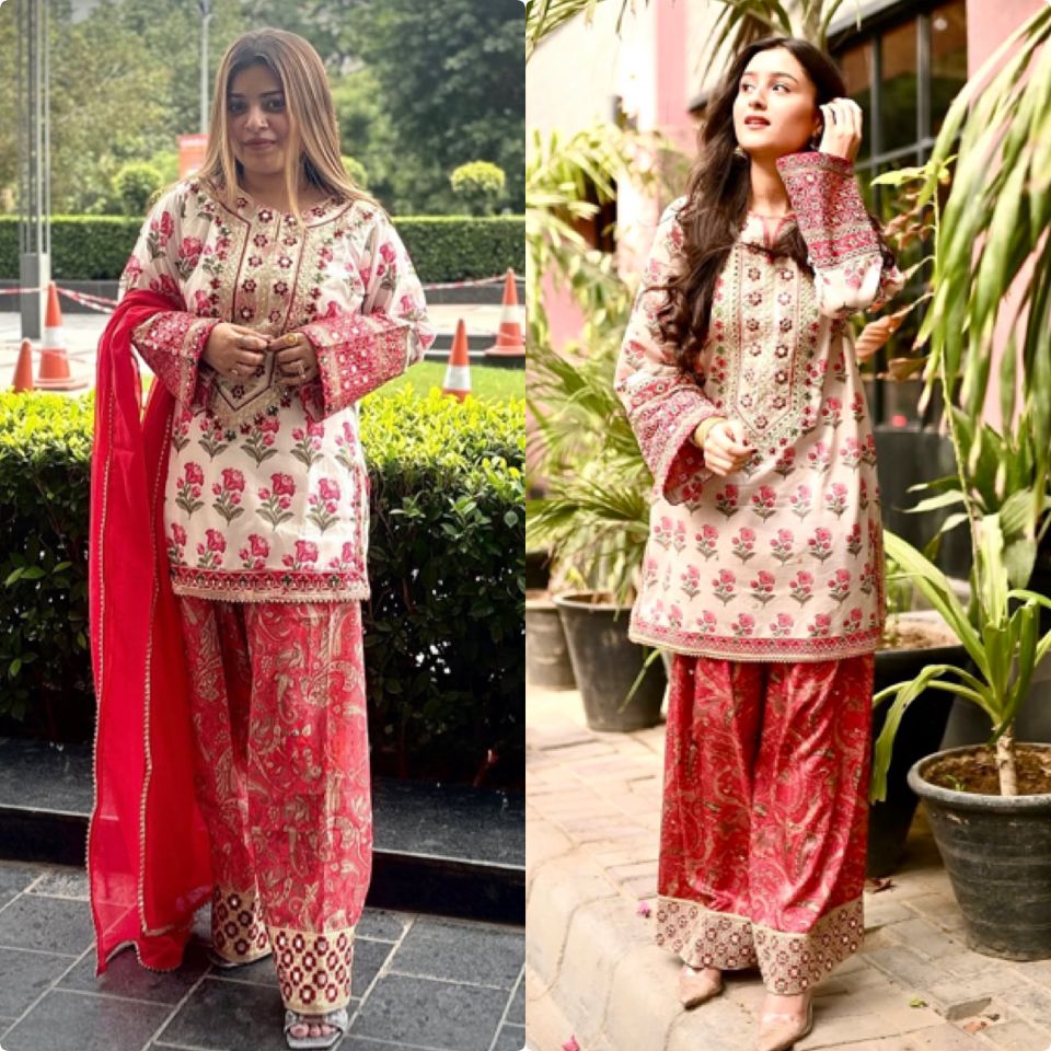 💃 đěsigner party wear look pur natural crepe top & farshi palazzo with dupatta set
