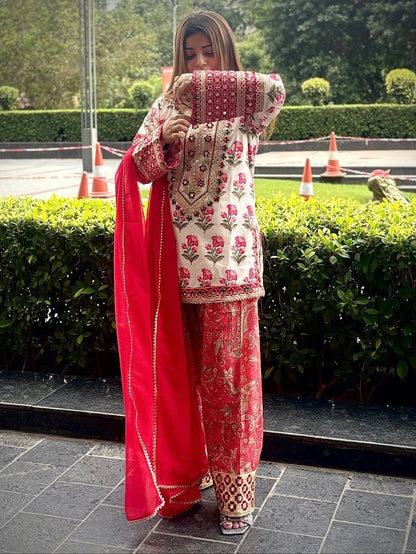 💃 Đěsigner Party Wear Look Pur Natural Crepe Top & Farshi Palazzo With Dupatta set