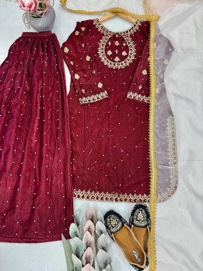 NEW DESIGNER PARTY WEAR HEAVY VISCOSE VELVET TOP WITH SHARARA