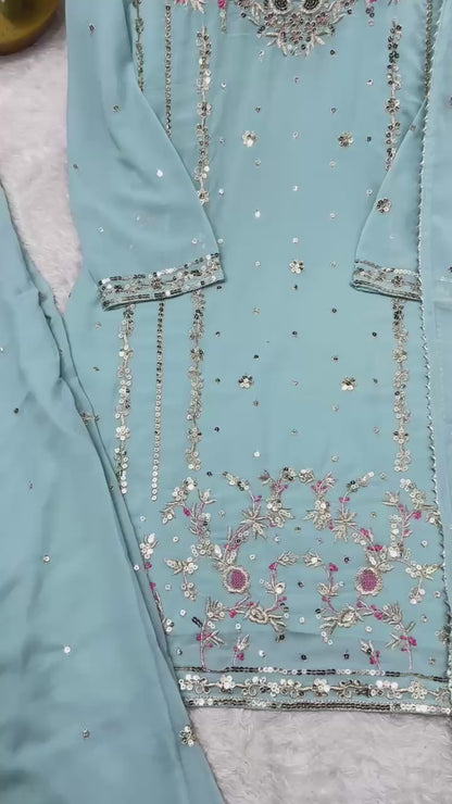 3 PIECE STYLISH KURTI, PLAZAA AND DUPATTA WITH BEAUTIFUL EMBROIDERY SEQUENCE WORK