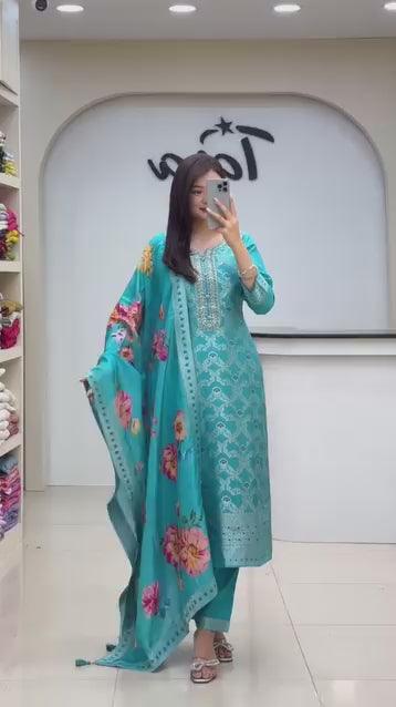 Premium Chanderi Kurti Pant Dupatta Set