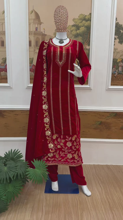 🥻3 PIECE EMBROIDERED SUIT ON VELVET FABRIC WITH HEAVY WORK🥻