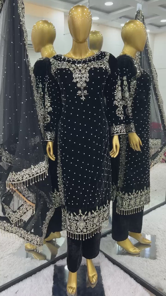 💥Launching New Party Wear Viscose Velvet Designer  Look Top-Dupatta and Fully Stiched Bottom With Heavy Embroidery Siquance Work
