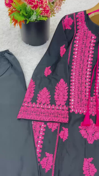 Designer Collection In Natural Crep Silk Top-Bottom And Dupatta Set Fully Stitched Ready To Wear